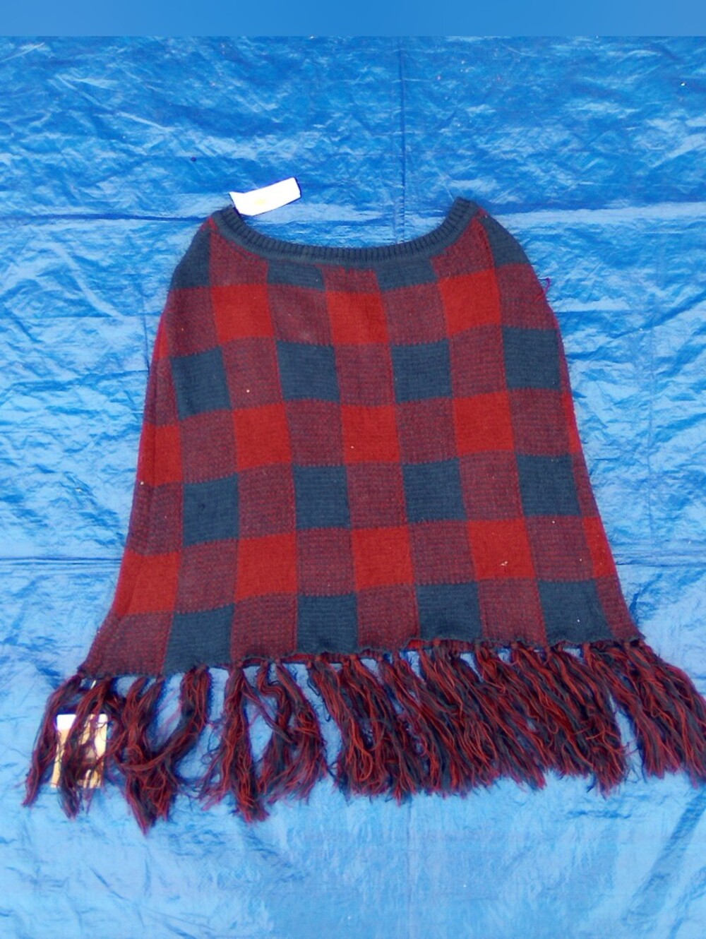 Simply Noelle Red & Navy Checkered Fringe Poncho